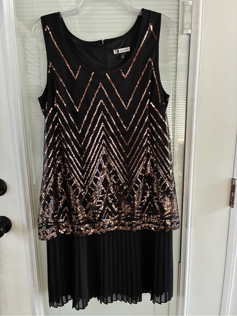 Leslie Fay Black Dress with Rose-Gold Sequin Chevron